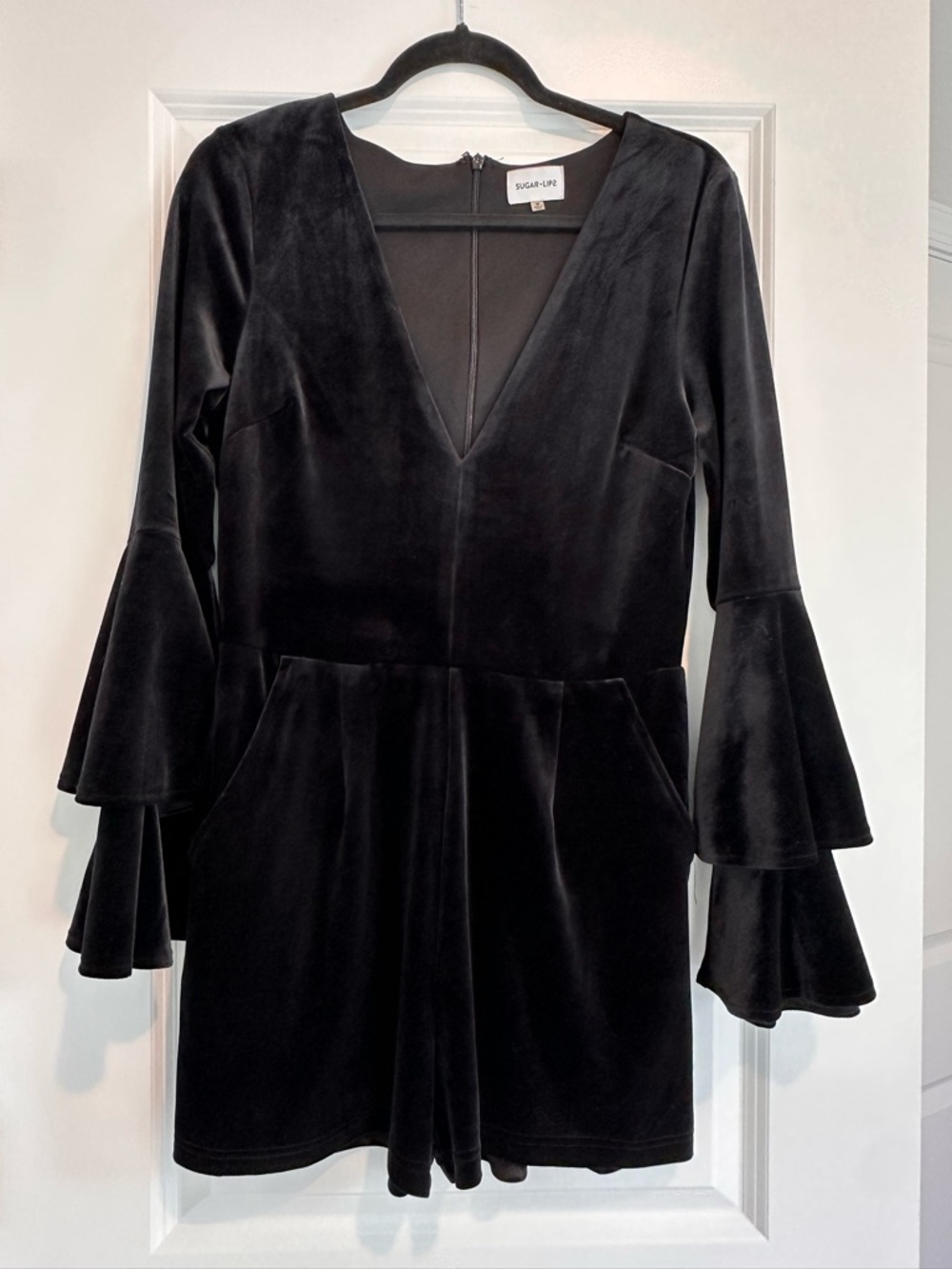 Sugarlips Black Velvet V-Neck Romper with Tiered Bell Sleeves